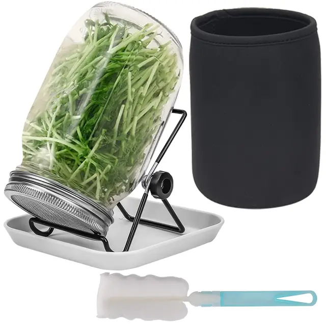 Hisredsun keimgläser-Set, 1 Einmachgläser mit breiter Öffnung und 304 Edelstahl-Siebkeimdeckel, 86 mm Kaliber, 1000 ml, mit Tablett, Ständer, Schattiertuchbeutel und Dosenbürste