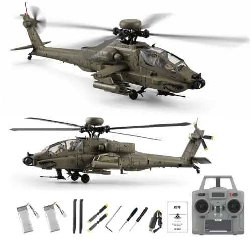 RC-ERA C170 1:48 AH-64D RC Militär Hubschrauber, 6-Kanal Flugzeug Mit Optical Flow Positionierung, Brushless Antrieb Höhenhaltung, Inverted Flight Fernsteuerung Helikopter –2 Akku/Armeegrün