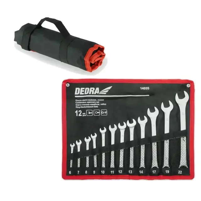 Dedra 1405s-Set Schlüssel flach mit Löchern Dedra, 12-tlg, Gabelringschlüssel, Größe von 6mm bis 22mm mit Abdeckung, mit satinierter Beschichtung, mit Abdeckung