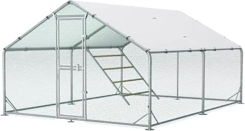 Großer Hühnerstall aus Metall 3x4x2m mit Dachabdeckung Hühnergehege für Garten Wetterfestes Freilaufgehege für 10 bis 20 Hühner mit Zubehör und Sitzleiter