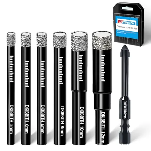 DKIBBITH 7-teiliges Set Trocken-Diamantbohrer & Fliesenbohrer für Keramik, Porzellan, Marmor, Granit, Stein, Glas – Rundschaft 5mm, 6mm(x2), 8mm, 10mm, 12mm + 1 Stück Mauerbohrer 6mm.