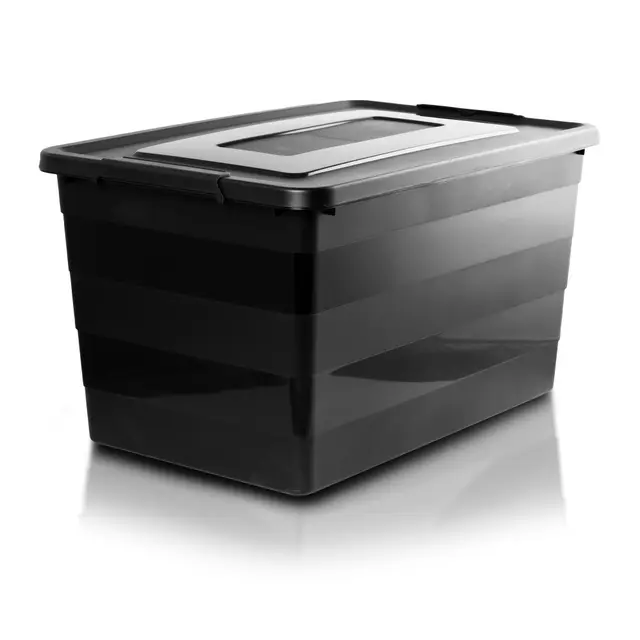 Roller Aufbewahrungsbox mit Deckel Organizer Behälter auf Rädern Kunststoff Kleiderbox Stapelbar Spielzeugkiste Box Plastik (Schwarz, 55L)
