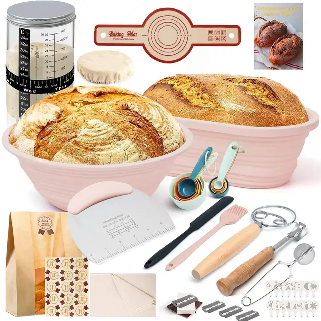 Sauerteig Starter Set 18-teilig mit 900ml Sauerteig Glas, klappbaren Silikon-Gärkörbchen (25cm Oval & 23cm Rund), Brotbackset – Komplettes Backset für Anfänger & Erfahrener Bäcker