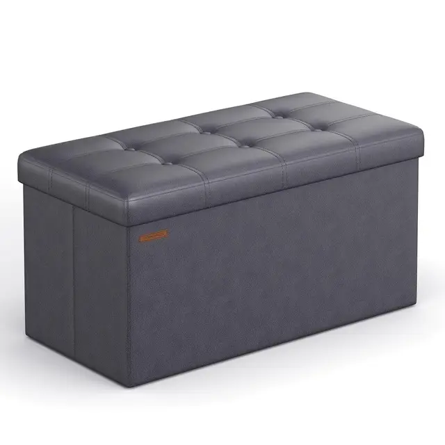 SONGMICS 76 cm Sitzbank mit Stauraum, Sitztruhe, Aufbewahrungsbox, Fußhocker, faltbar, gepolstert, Bezug aus Kunstleder, bis 300 kg belastbar, dunkelgrau LSF040G01