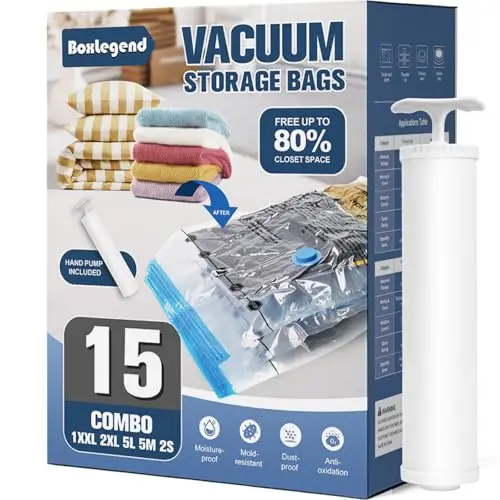 BoxLegend Vakuumbeutel für Kleidung 15 Stück (1XXL+2XL+5L+5M+2S) Vakuum Aufbewahrungsbeutel Kleiderbeutel Reise Komprimierung Spart Platz für Decken Bettdecken Bettwäsche Kissen, 1 Pumpe