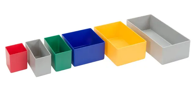 1a-TopStore 25 Stück Einsatzkasten Serie E63, Farben und Größen sortiert, 5 Farben u. 4 Größen, aus Polystyrol, Industrienorm, für Schubladen, Sortimentskästen etc. (Farb- u. Größenmix Set)