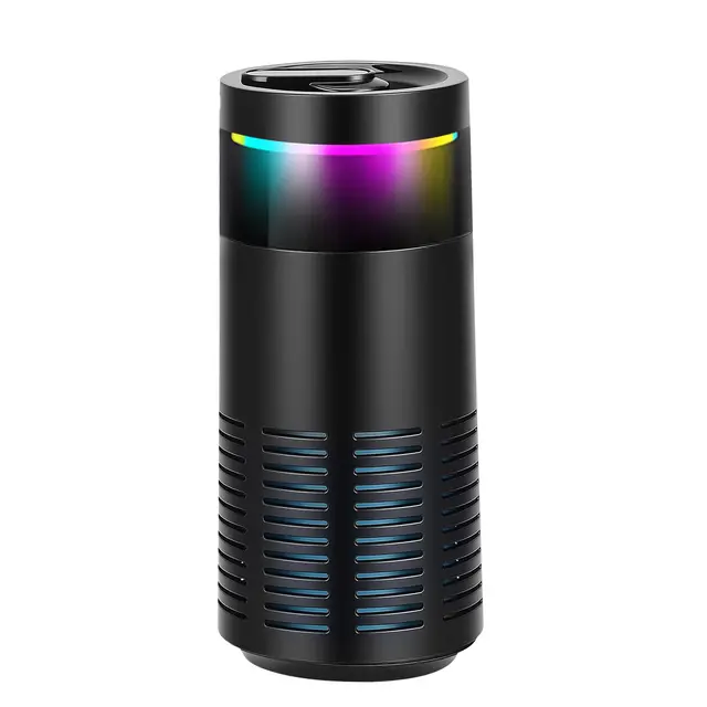 Auto Luftreiniger mit HEPA & Aktivkohlefilter, 500W Ionisierer gegen unangenehme Gerüche, Rauch, für frische Luft | Luftfilter für Auto mit RGB Stimmungslicht für Cup-Halter (6.5cm) Schwarz