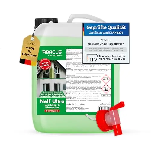 ABACUS® Nell Ultra Grünbelagentferner & Algenentferner Konzentrat, extrem stark! Entfernt Grünbelag & Algen selbsttätig ohne zu Schrubben – für Stein, Fassade, Terrasse, Dach – Nell Ultra 2,5 Liter