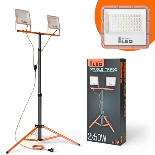 SmartLED Baustrahler Arbeitsstrahler mit Stativ 2x50W, LED Strahler 2x5500 Lumen, Orange, 1,60 m Einstellbar Teleskopisch, 360° Grad Drehung, 180 cm Kabel, IP65 (2x 50W 11000lm)