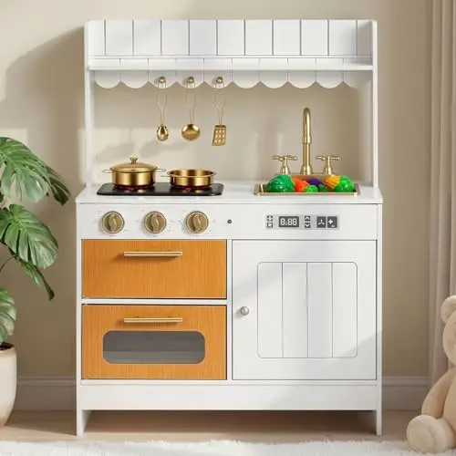 VEVOR Kinderküche aus Holz mit Licht & Sound und Kochset, Beige