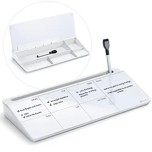 Varhomax Schreibtisch Organizer, Desktop Whiteboard Wochenplaner Glas Weiß Mit Aufbewahrung Abwischbar, To Do Liste, Notizblock und Tastaturständer für Homeoffice, Büro und Schulbedarf