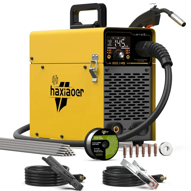 HAXIAOER 145A Fülldraht Schweißgerät Ohne Gas, 3-In-1 Fülldraht Schweißgerät mit ARC/Flux MIG/MMA Lift WIG - Funktion, Kompakt Inverter Schweißgerät, LED Licht, Synergischer Drahtvorschub