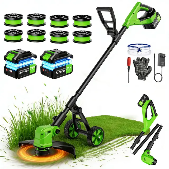 14 Zoll Rasentrimmer mit Akku und Rad,21V Akku-Rasentrimmer mit 2 * 3000 mAh Batterie und Ladegerät,800W Bürstenloser Motor,Freischneider mit 8 Ersatzspulen für Garden Trimmen,Höfe(Grün)