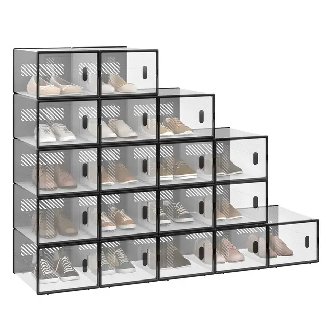 WOLTU Schuhbox stapelbar, 18er Set, Schuhkarton mit magnetischer Tür, Kunststoffbox für Schuhaufbewahrung, Faltbarer Schuhorganizer, 35x19x25 cm, transparent schwarz
