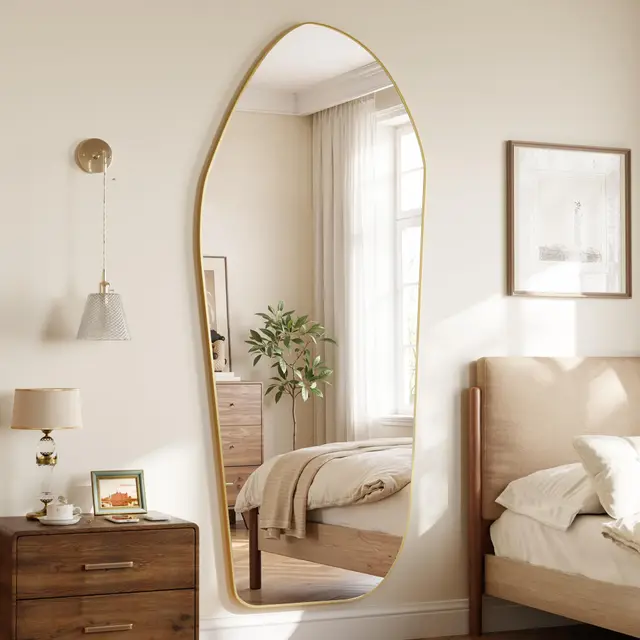 Koonmi Ganzkörperspiegel - 193x86 cm Bodenspiegel unregelmäßige Diamantform Aluminiumrahmen, stehender oder hängender Spiegel für Schlafzimmer, Wohnzimmer, Eingang, Gold