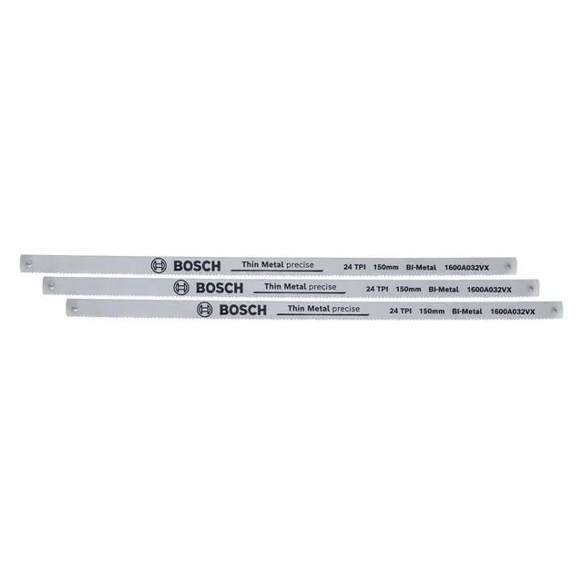 Bosch Bügelsägeblätter Precise 150mm, 3 Stück (für Bügelsägen 150mm; 24 TPI; robuste Sägeblätter aus Bimetall für präzise Schnitte in Metall, Kunststoff und Weichholz; Gehärtete Zähne)