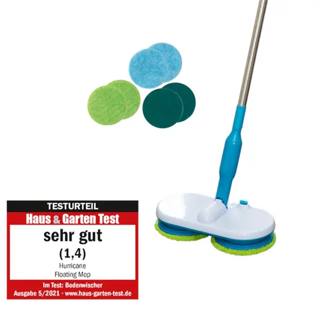 Hurricane Floating Mop Set - Akku Bodenwischer kabellos - Elektrischer Wischmopp zum Wischen, Schrubben, Polieren - Akkumop, Bodenreiniger rotierend inkl. 2 Mikrofaserpads, 2 Scheuerpads, 2 Polierpads