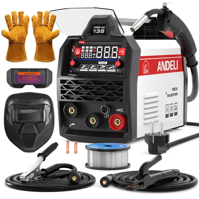 ANDELI 135A 4-in-1 Kompakt Schweißgerät ohne Gas mit Fülldraht & PULSO | 230V Komplett-Set inkl. Helm & Handschuhe | Mit großer LED-Anzeige & Synergie | Für MIG, WIG-Lift & E-Hand - sofort startklar