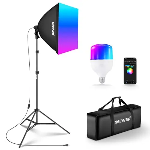 NEEWER RGB Softbox Beleuchtung Set mit App Steuerung und 9 Effekt Modi, 24W LED Glühbirne CRI93+ TLCI98+, E27 Porzellanfassung, 24" Fotostudio Soft Box, für Studiofotografie Videobeleuchtung, NK800