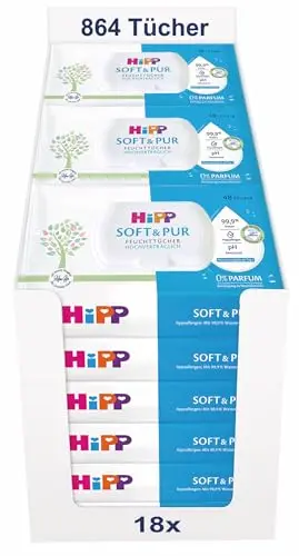 HiPP Soft & Pur Feuchttücher, 864 Stück (18 x 48), hochverträglich, 99,9 % Wasser, ohne Parfum, ideal für trockene, hochsensible Babyhaut, auch bei Neurodermitis-Neigung