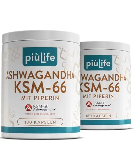 Bio Ashwagandha KSM-66 600 mg PiùLife – Extrakt aus Wurzel 5% Witanolide – für Stress & mentales Wohlbefinden – 360 KSM66 Ashwagandha Kapseln hochdosiert