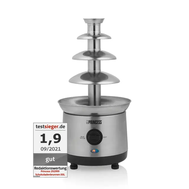 Princess Schokoladenbrunnen XXL – 4 Etagen, Warmhaltefunktion, 190 Watt, 1,1 Liter, PFOA und BPA Frei, 292999, Silber