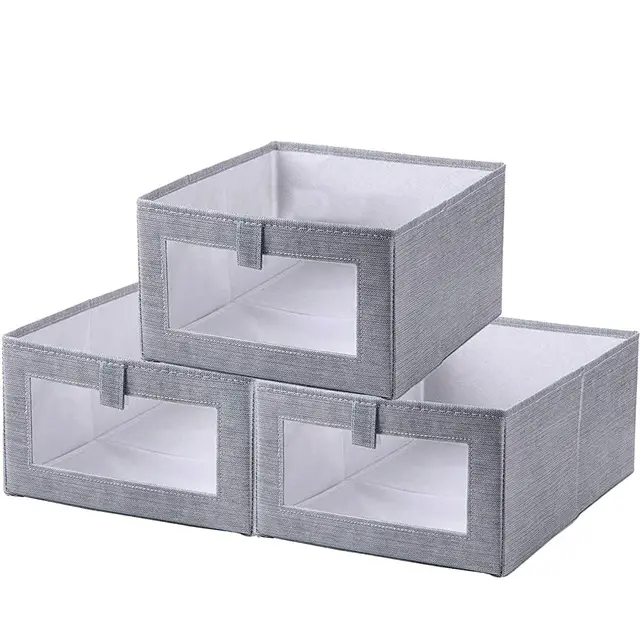 I IHAYNER Faltbare Kleideraufbewahrungsboxen, 3er Set, mit Transparentem Fenster, Kleiderschrank Organizer, Aufbewahrungskörbe für Kleidung und Regale