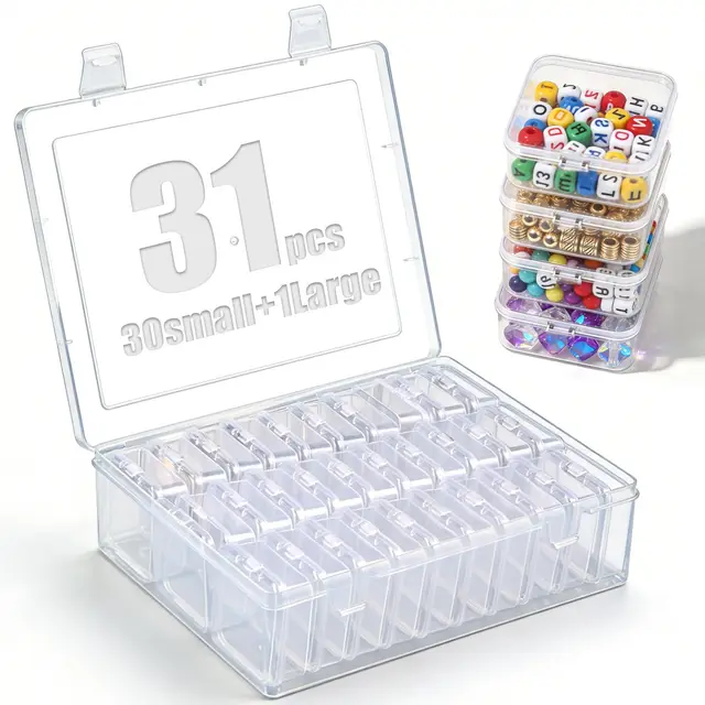 31 Stück Sortierboxen für Kleinteile Sortierbox Kleinteile Aufbewahrung (5.5 x 5.5 x 2cm) Mini Aufbewahrungsbox Transparent Bügelperlen Aufbewahrungsbox für Schmuck Perlen Schrauben