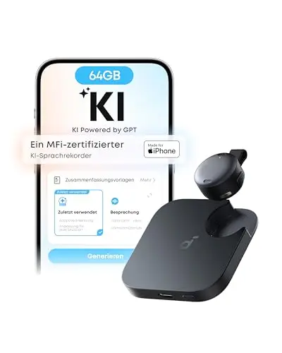soundcore Work by Anker KI Stimmrekorder, Digitales Diktiergerät mit KI-Schreibfunktion und Spracherkennung, 150+ Sprachen, kombinierte Protokolle für Meetings und Vorlesungen, MFi-Zertifiziert 64GB