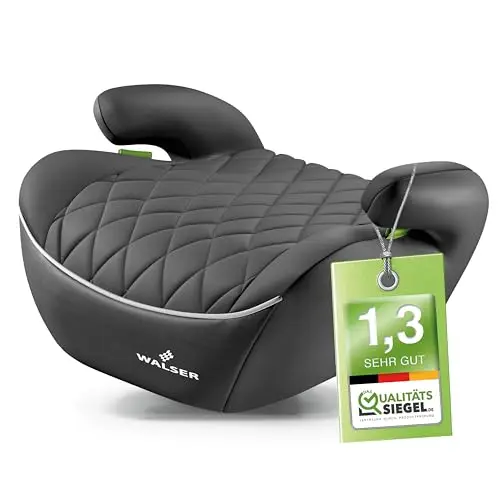 WALSER Premium Sitzerhöhung Auto Kinder, Qualitätssieger Sehr Gut* schmaler Kindersitz Auto i-Size ca. 6-12 Jahre 125-150 cm, bequeme Kindersitzerhöhung Booster Seat neueste Norm ECE R 129 grau