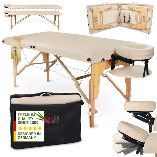 Zen® Startup Massageliege klappbar & Mobile Massagetisch aus Holz, stabile Massagebett - Massagebank höhenverstelbar, Tattoo & Kosmetikliege - Behandlungsliege mit Kopfteil - Creme Weiß