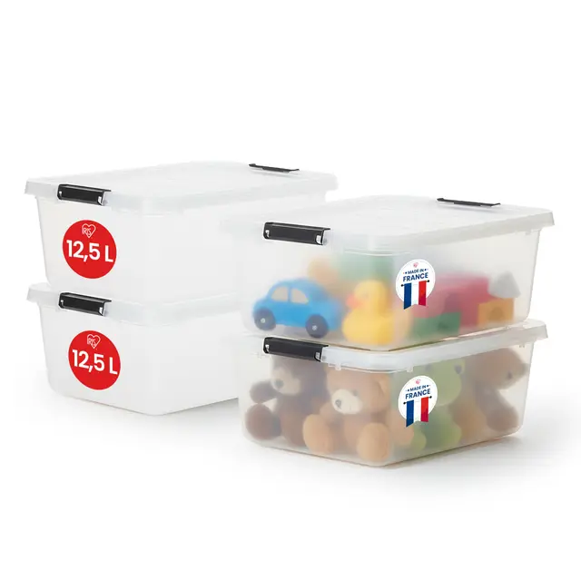 Iris Ohyama Aufbewahrungsboxen mit Deckel, 12.5L, 4er-Set, Transparent, Sicherer Verschluss, Stapelbar, Griffe, Schlafzimmer, Schrank, Büro, Organisation, BPA-freies Plastik, Ordnungsboxen, FTB-12.5