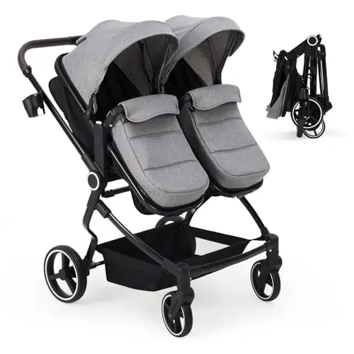 Geschwisterwagen Duo, Zwillingskinderwagen Ab Geburt Bis 3 Jahre, Zusammenklappbarer Zwillingsbuggy Mit Liegefunktion Bis Je 15+15 kg Kleinkind, Leichtes Aluminium, Verstellbarer Geschwisterwagen