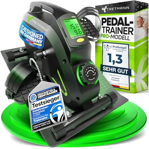 Tretmann Pedaltrainer Pro Set [Das Orginal] extra Leise & gelenkschonend + Anti-Rutsch-Matte & Befestigungsband -DEKRA Geprüft- Beintrainer für Senioren Heimtrainer senioren Mini Bike tischfahrrad