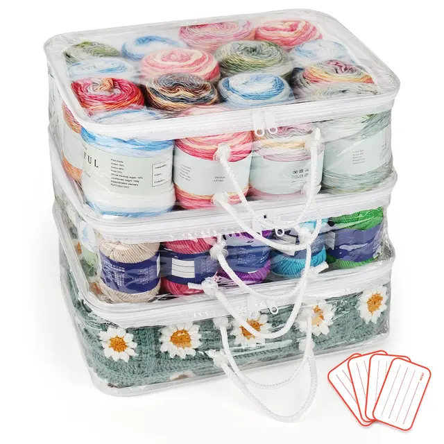 Coopay 3 Stück Transparenter Garn Aufbewahrungs Organizer, Tragbare Garnaufbewahrung, Staubdichte Wolle Aufbewahrung mit 4 Etiketten, Garnaufbewahrung mit Reißverschlüssen und Griff (30 x 40 x 15cm)