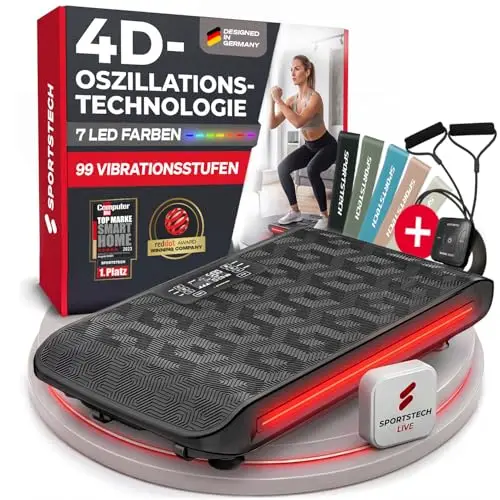 Sportstech 4D Vibrationsplatte für Zuhause, VP400 und sVibe, Smart LED, Trainingsbänder und Ropes, Abnehmen, Ganzkörpertraining, Muskelaufbau, 120 kg belastbar, Fitness Training