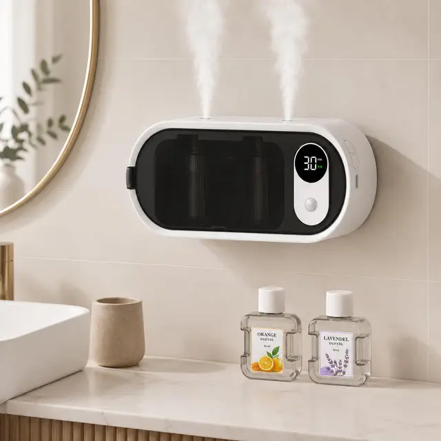 Aroma Diffuser kabellos mit Doppel-Zerstäubung Bewegungssensor & Timer, Tisch-und Wandmontage, Ohne Wasserbehälter, Raumduft Lufterfrischer Diffuser mit 100ml Duft für Bad Schlafzimmer Wohnzimmer Flur