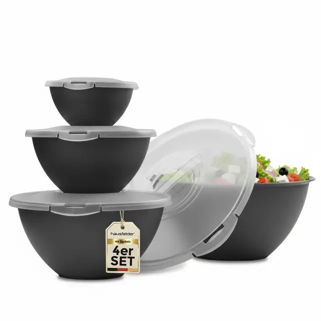 Hausfelder Salatschüssel Set groß mit Deckel 4er Set, 0,7L/1,9L/3,6L/6L, Schüsselset aus Kunststoff stapelbar, BPA-frei in Anthrazit Schwarz für Camping und Küche