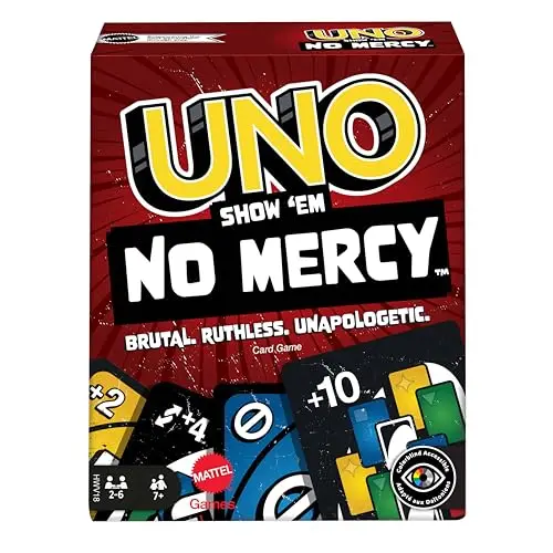 UNO Show 'em No Mercy - 56 zusätzliche Karten, Harte Aktionskarten und brutale Spielregeln für die gnadenloseste Version von UNO, Stapelregel und Handkartentausch, ab 7 Jahren, HWV18 | 56 Zusätzliche Karten, Harte Aktionskarten, Brutale Spielregeln, Stapelregel und Handkartentausch