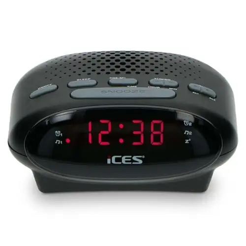 iCES ICR-210 Uhrenradio - Radiowecker mit Stromkabel - 2 Weckzeiten - PLL FM - Schlummerfunktion - Sleeptimer - Gangreserve - kompakt - schwarz