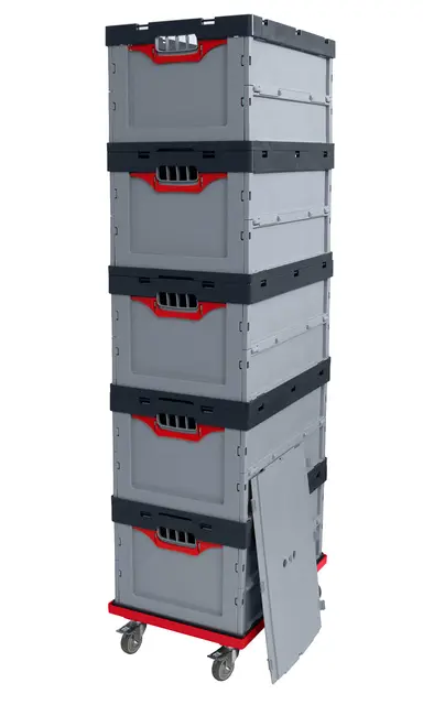 Auer Faltbox 5er Set FBD 64/32 + Deckel + Rollwagen | Kunststoffbox 60x40x32cm Box Klappbox stapelbar 67L | Lager-, Kommissionier- u. Transportboxen + Deckel + Transportroller rot