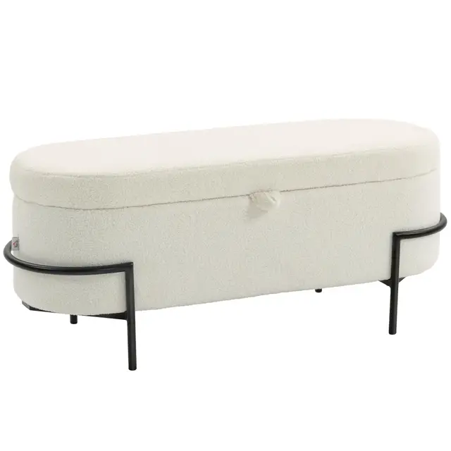 HOMCOM Sitzbank mit Stauraum Sitztruhe mit hochklappbarem Deckel, Fleece-Optik, Polsterbank Truhenbank mit Stahlbeine, Bettbank für Wohnzimmer, Schlafzimmer, Flur 114,5 x 40 x 48 cm, Cremeweiß