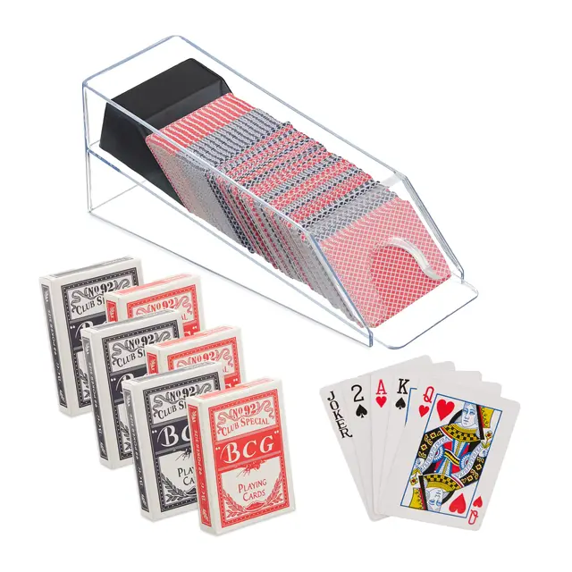 Relaxdays Kartenschlitten, Kartenspender mit 6 Decks, Blackjack Zubehör, HxBxT: 10 x 10 x 29 cm, transparent/schwarz