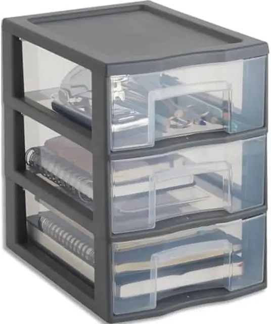 SUNDIS Tag Tower, schubladenbox aus Kunststoff, grau, 3 transparente Schubladen im Format A5, Höhe 25,5 cm, stapelbar, ideal zur Aufbewahrung von Kosmetika, Schmuck, Accessoires, Vorräten