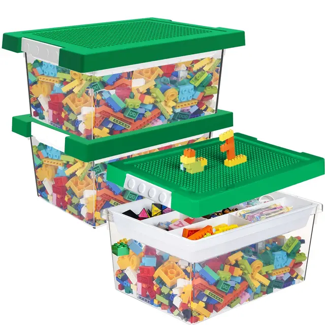 Greentainer Aufbewahrungsbox Spielzeug mit Deckel & AbnehmbaresTablett & Bauplatte,3er Spielzeug Box aus PP,Aufbewahrungskorb Kinder,Spielzeugkiste für Kinderzimmer Aufbewahrungsbehälter für Blöcke