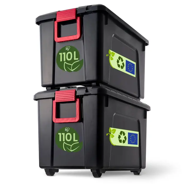 Iris Ohyama, große Kunststoff-Aufbewahrungsbox, 110 l Garagen-Aufbewahrungsbox, 2er-Set, SIA-110, schwarz, stapelbar, Verschlussklammern – B75 x T44,5 x H45 cm