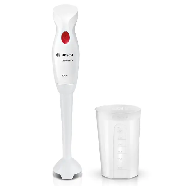 Bosch Stabmixer CleverMixx, abnehmbarer Mixfuß, Ergonomischer Griff, leichtes Gehäuse, 4-Klingen-Messer, einfache Reinigung, 400 W, weiß/rot, MSM14000