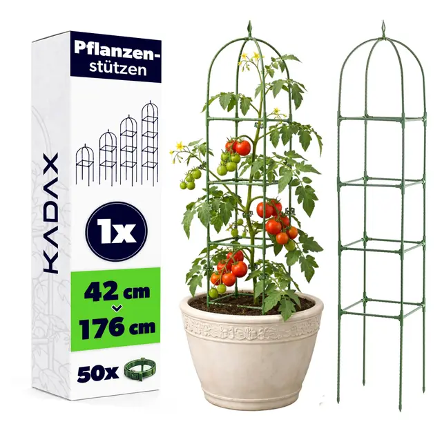 KADAX Obelisk Rankhilfe 176 x 32 cm, Rankobelisk mit 50 Pflanzenclips für Tomaten, Rosen & Kletterpflanzen, Pflanzenstütze aus Metall mit Kunststoffbeschichtung