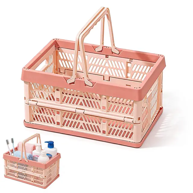 Klappbox, 38,5x25x20 cm Camping Klappkiste mit Griff, Faltbarer Klappkorb, Einkaufskorb Plastik für Aufbewahrung Küche Schlafzimmer Badezimmer Büro (1, Rosa-Groß)