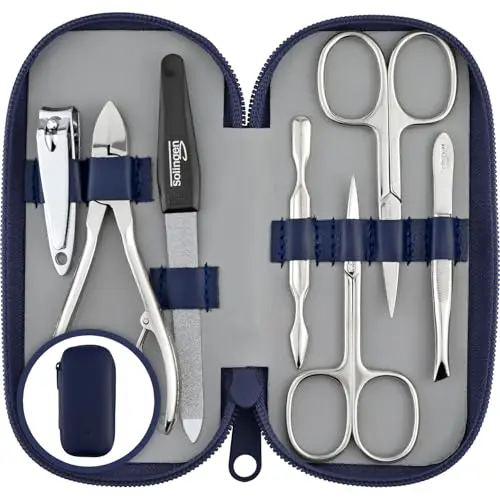 marQus Solingen Maniküre Set Herren und Damen 7 Teile mit Nagelzange - Made in Germany für Hand- und Fußpflege - Echt Leder Etui handlich und weich